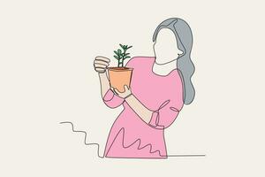 color ilustración de un mujer felizmente mirando a su plantas vector