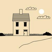 Landscape. Ranch, house in the mountain, farm, meadow, house, tree, road, mountain. Hand drawn vector illustration. Minimalistic panoramic study of the countryside. Icon, logo, print, poster templates