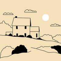 Landscape. Ranch, house in the mountain, farm, meadow, house, tree, road, mountain. Hand drawn vector illustration. Minimalistic panoramic study of the countryside. Icon, logo, print, poster templates