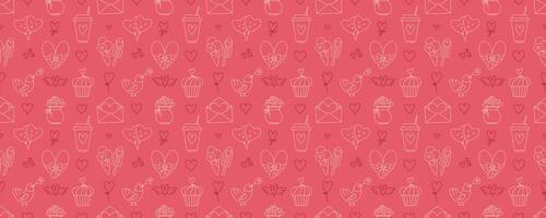Valentines Day doodle style seamless pattern, hand-drawn love theme icons background. Romantic mood cute symbols and elements collection. vector