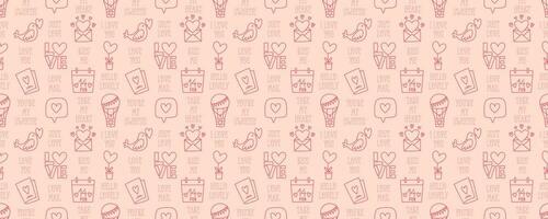 Valentines Day doodle style seamless pattern, hand-drawn love theme icons and quotes background. Romantic mood cute symbols and elements collection. vector
