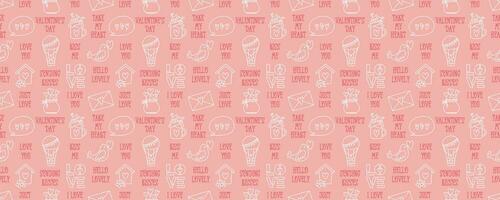 Valentines Day doodle style seamless pattern, hand-drawn love theme icons and quotes background. Romantic mood cute symbols and elements collection. vector