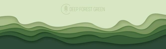 Deep forest green waves, paper art banner. Nature greenery color poster template in papercut style. Vector illustration EPS 10.