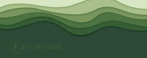 Deep forest green waves, paper art banner. Nature greenery color poster template in papercut style. Vector illustration EPS 10.