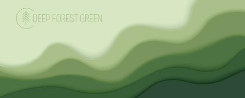 Deep forest green waves, paper art banner. Nature greenery color poster template in papercut style. Vector illustration EPS 10.