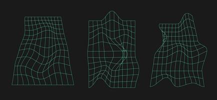 Modern surreal geometric shapes, wireframe, cyberpunk elements and perspective grids. Set of distorted grid square neon pattern vector