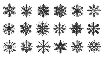 Set of black and white snowflakes icons. Snowflake doodle collection. Winter icons with white background. Vector illustration.