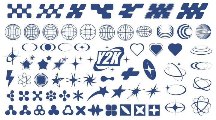 Trendy Abstract Figures Collection. Collection of abstract graphic geometric symbols and objects in y2k style. Retro futuristic elements.