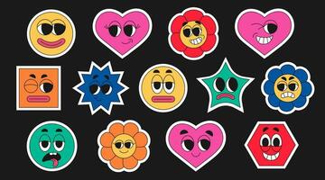 Sticker retro y2k pack set. Funny smiling happy face colorful sticker label. Cool Trendy Y2k style. Vector illustration of 70s groove elements