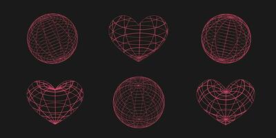 3D hearts and planet in trendy retro futuristic style. Abstract graphic geometric symbols and objects in y2k style. Geometry wireframe shapes. vector