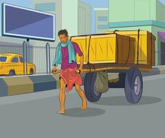 Indian man pulling cart in flat colors vector