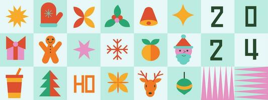 Merry Christmas modern design. Abstract geometric background with elements. Santa and shape. Colorful vector illustration in flat geometric cartoon style