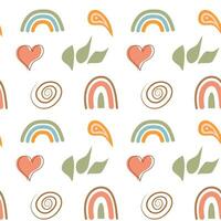 Boho seamless pattern. Cute rainbows, heart and abstract shapes background. vector