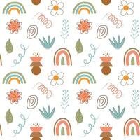 Boho seamless pattern. Cute flowers, rainbows and abstract shapes background. vector