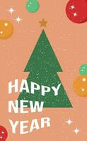 Postcard in modern style Merry Christmas and Happy New Year, with Christmas tree and balls. vector