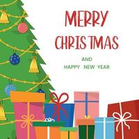 Decorated Christmas tree with gift boxes. Merry Christmas and Happy New Year. vector