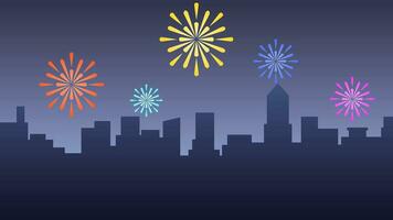 New year cityscape vector illustration. Scenery of city with sparkling fireworks in new year event. City panorama for illustration, background or wallpaper. City silhouette in the firework festival