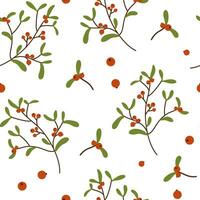 Christmas Tree branch with red berries seamless pattern. Winter seasonal coniferous sprig. Christmas holiday natural element. Flat vector illustration isolated