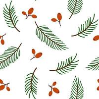 Fir tree branch with red berries seamless pattern. Spruce twig, conifer plant with green needles, wood cone. Winter seasonal coniferous sprig. Christmas holiday background. Flat vector illustration