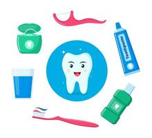 Healthy happy tooth character surrounded by dental cleaning tools, oral hygiene products. Dental health concept. Vector illustration.