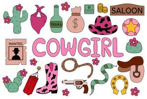 Collection of retro Cowgirl elements. Cowgirl boots, rope, gun, saddle, hat, horseshoe, tequila, dynamite, money bag, cactus, lettering. Western and wild west theme. Hand drawn vector illustration.