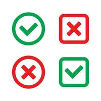 Green tick and red cross checkmarks flat icons. Yes or no symbol, approved or rejected icon for user interface. vector