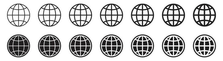 Globe icon, WWW world wide web set site symbol, Internet collection icon, website address globe, outline signs. vector