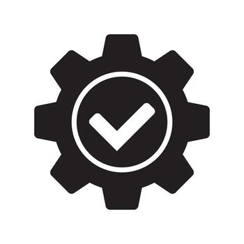 Check mark with gear icon, cog with check icon. vector