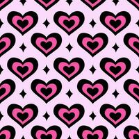 Y2k seamless pattern. Abstract hearts and stars. Emo 2000s style. Vector background. Black and pink colors.