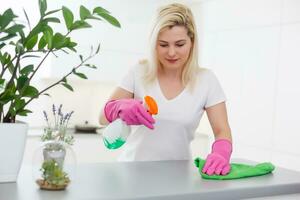 Cleanness is in trend. Pretty smiling woman wiping table with cloth and special means of washing photo