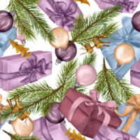 Christmas seamless pattern with Christmas toys and pine branch digital illustration. Holiday gift boxes, ball hand drawn. Element for new year design wrapping, textile, background. png