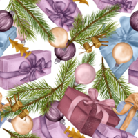 Natale senza soluzione di continuità modello con Natale giocattoli e pino ramo digitale illustrazione. vacanza regalo scatole, palla mano disegnato. elemento per nuovo anno design avvolgere, tessile, sfondo. png