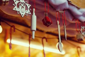 christmas decoration in the shop, winter street market in Europe photo