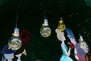 Colorful close up details of christmas fair market. Balls decorations photo