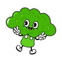 Jumping Broccoli character. Vector hand drawn traditional cartoon vintage, retro, kawaii character illustration icon. Isolated on white background. Broccoli jump character concept