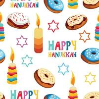 Whimsical vector pattern celebrating Hanukkah Festive donuts and glowing candles create a delightful design for the Festival of Lights.