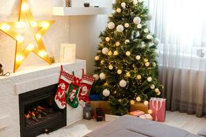Christmas stocking on fireplace background photo