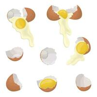 A set of chicken eggs. Raw eggs flow out of the shell. Vector illustration