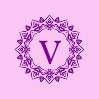 letter V mandala elegant circular border initial vector logo design