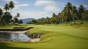 The Serene Landscape of a Golf Course Meeting the Blue Sky. Generative AI photo