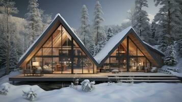 Winter's Embrace - The Modern Chalet Amidst Snowy Silhouettes. Generative AI photo