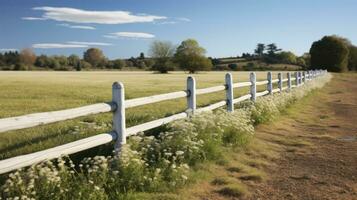 The Serene Dance of Meadows and Field with a white wooden fence. Generative AI photo