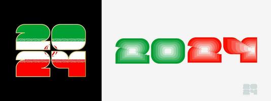 Year 2024 with flag of Iran and in color palate of Iran flag. Happy New Year 2024 in two different style. vector