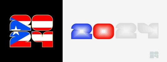 Year 2024 with flag of Puerto Rico and in color palate of Puerto Rico flag. Happy New Year 2024 in two different style. vector