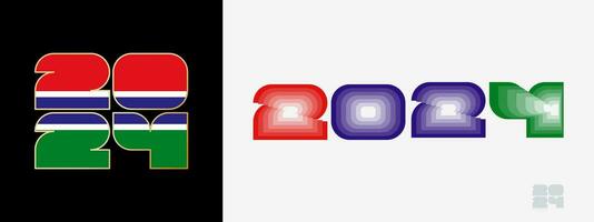 Year 2024 with flag of Gambia and in color palate of Gambia flag. Happy New Year 2024 in two different style. vector