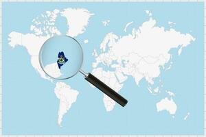 Magnifying glass showing a map of Maine on a world map. vector