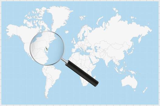 Magnifying glass showing a map of Delaware on a world map. vector