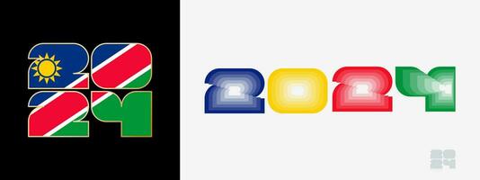 Year 2024 with flag of Namibia and in color palate of Namibia flag. Happy New Year 2024 in two different style. vector