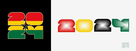 Year 2024 with flag of Ghana and in color palate of Ghana flag. Happy New Year 2024 in two different style. vector