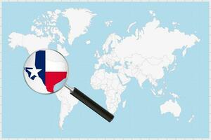 Magnifying glass showing a map of Texas on a world map. vector